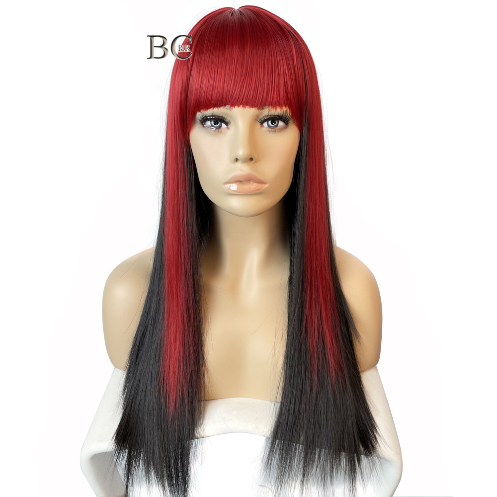 Synthetic Black And Red Highlight Wig Long Straight With Bangs Wigs For Women Colored Cosplay Or Costume Hair